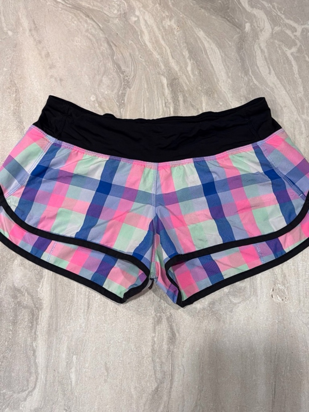 lululemon athletica Pink, Blue & Mint Plaid Athletic Shorts with Black Waistband